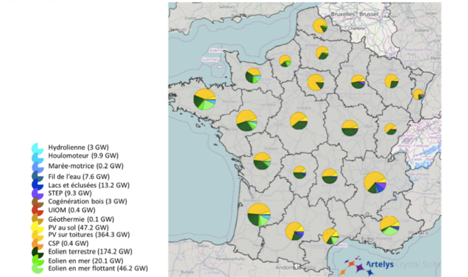 Carte des gisements de renouvelables par régions, en 2050, selon l'Ademe. Carte des gisements de renouvelables par régions, en 2050, selon l'Ademe.